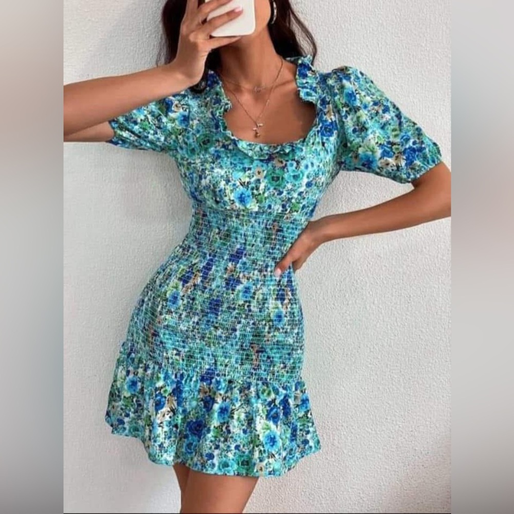 ZARA NWT Dress M Blue Floral Print Puff Sleeve Smocked Ruffle Blogger Favorite